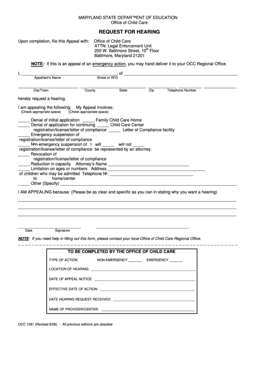 Form Occ 1281 Request For Hearing Printable pdf