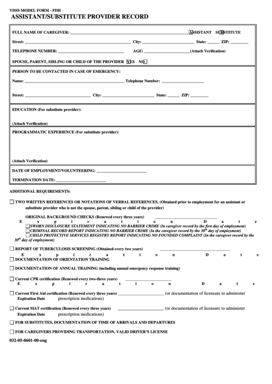 Assistant/substitute Provider Record Form Printable pdf