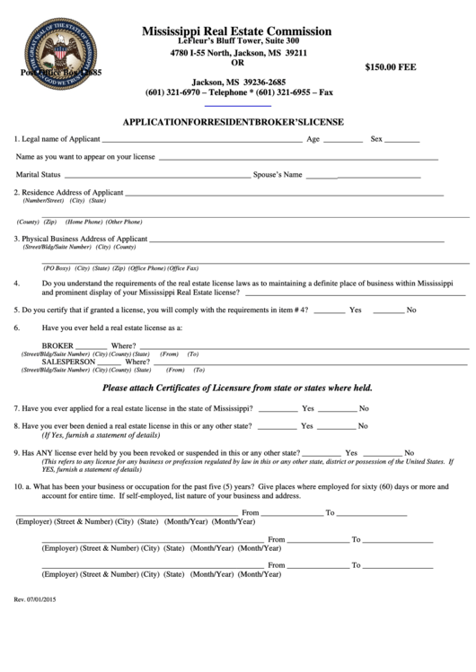 Application For Resident Broker's License Form