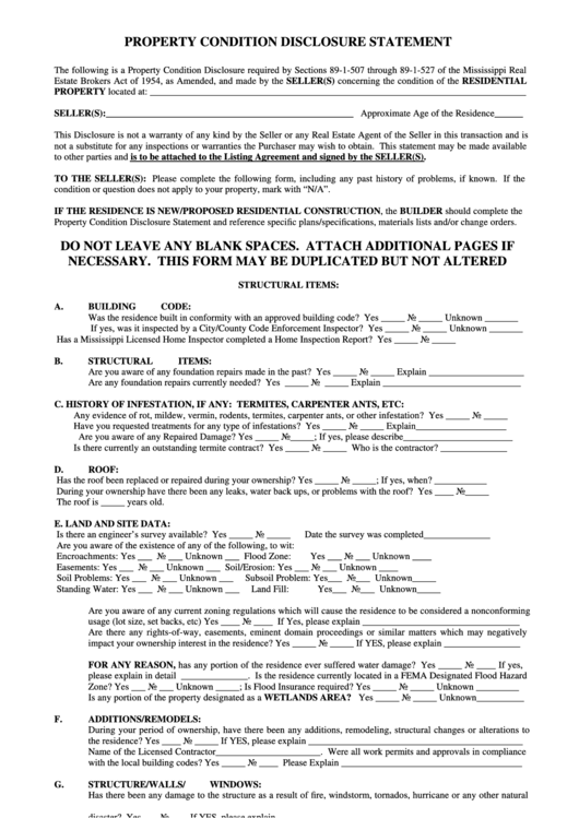 Form #0100 - Property Condition Disclosure Statement Form Printable pdf