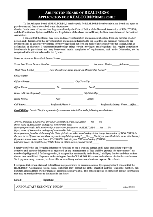 Fillable Application For Realtor Membership Form Printable pdf