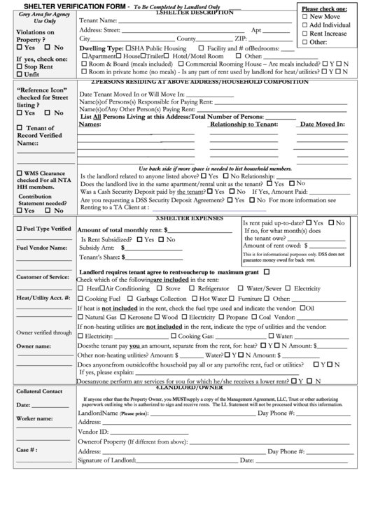 Shelter Verification Form Printable pdf