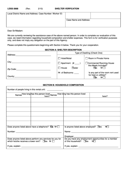 Form Ldss-3668 - Shelter Verfication Printable pdf