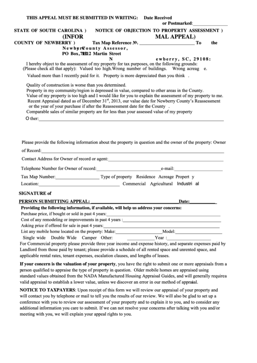 Fillable Otice Of Objection To Property Assessment (Informal Appeal) Form - Newberry County Assessor Printable pdf