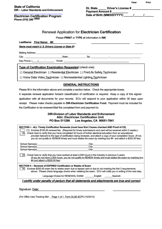 Fillable Form Dlse-Ecf6 Renewal Application For Electrician Certification Printable pdf