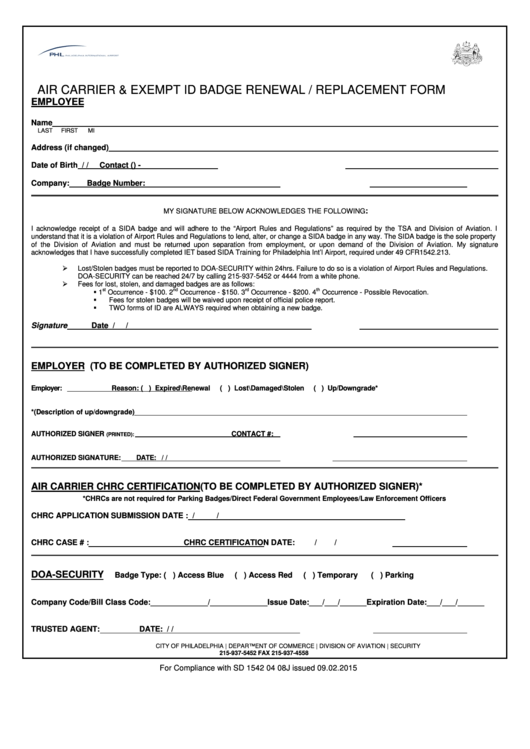 Air Carrier & Exempt Id Badge Renewal / Replacement Form
