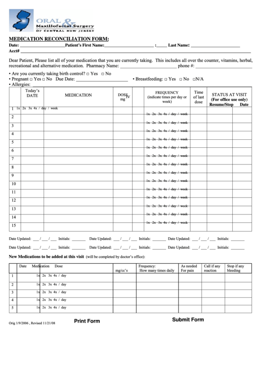 Fillable Medication Reconciliation Form Printable pdf
