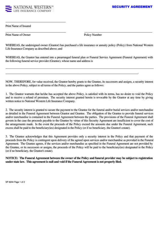 Fillable Form Sp-8244 - Security Agreement Printable pdf