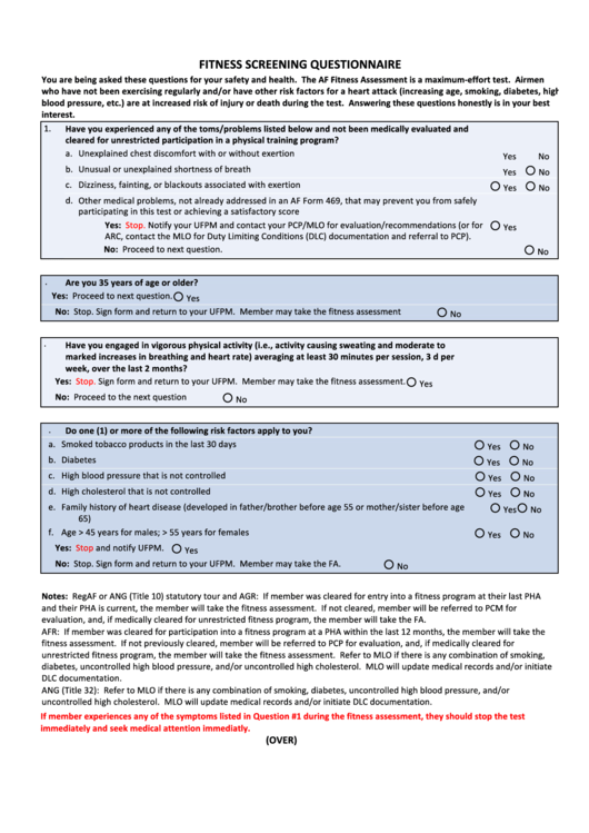 Fillable Fitness Screening Questionnaire Template Printable pdf