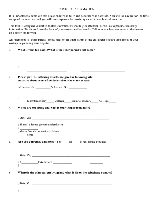 Custody Information Form Printable pdf