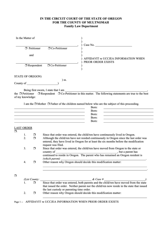 Affidavit Re Uccjea Information When Prior Order Exists Form Printable pdf