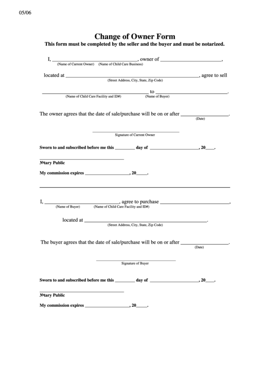 Fillable Standard Change Of Owner Form Printable pdf