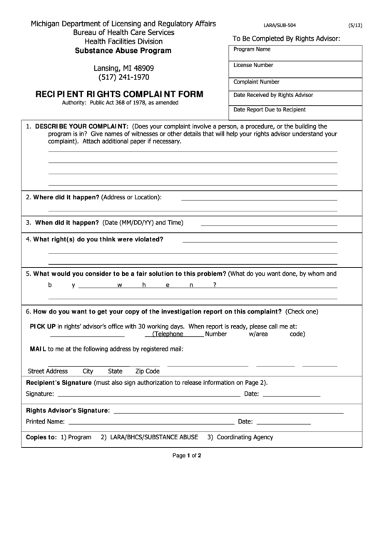 Fillable Form 504 - Recipient Rights Complaint Form Printable pdf