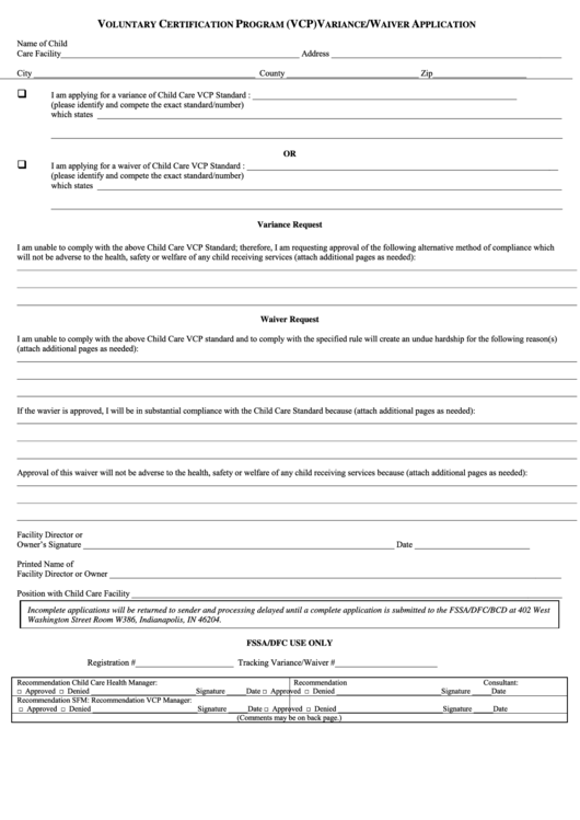 Voluntary Certification Program (Vcp) Variance/waiver Application Form Printable pdf