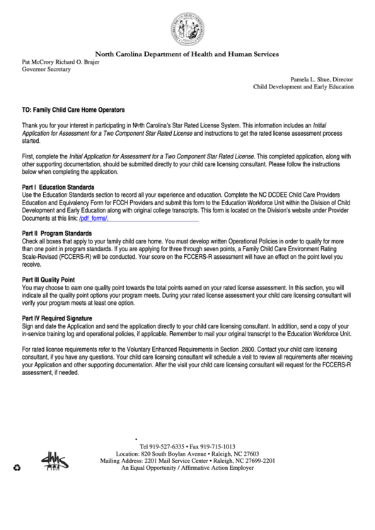 Fillable Initial Application For Assessment For A Two Component Star Rated License Form - North Carolina Department Of Health And Human Services Printable pdf