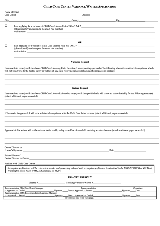 Child Care Center Variance/waiver Application Form Printable pdf