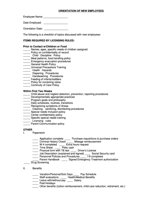 Sample New Employee Orientation Form Printable pdf