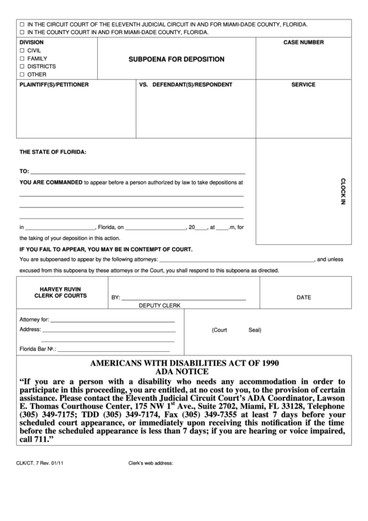 Fillable Form Clk/ct. 7 - Subpoena For Deposition Printable pdf
