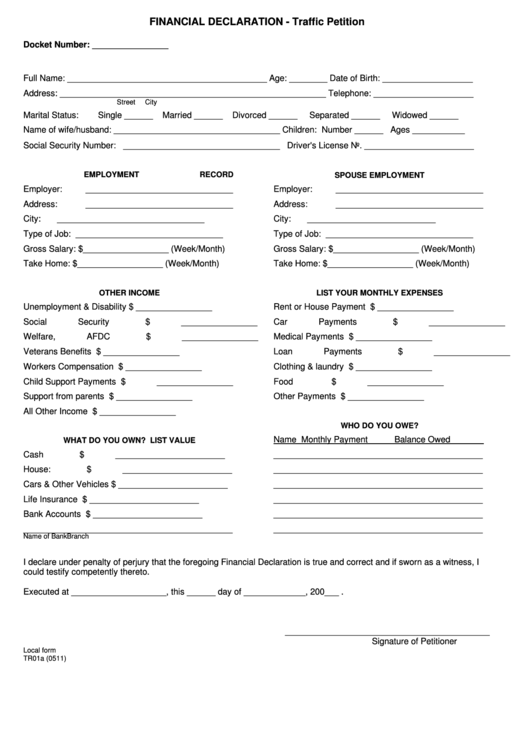 Fillable Form Tr01a - Financial Declaration - Traffic Petition Printable pdf