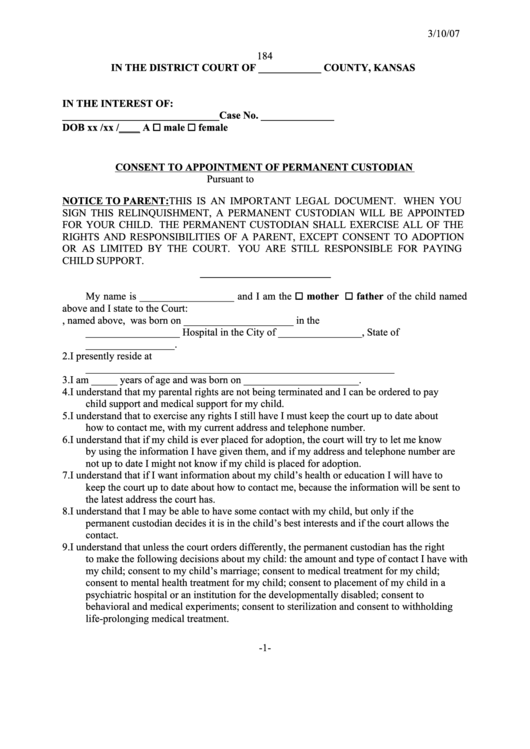 Consent To Appointment Of Permanent Custodian Form Printable pdf