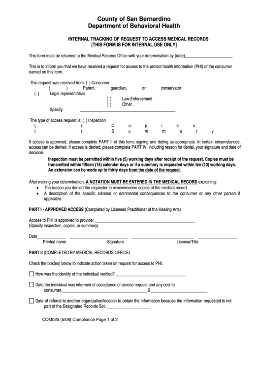 Fillable Form Com025 - Internal Tracking Of Request To Access Medical Records - Department Of Behavioral Health, County Of San Bernardino Printable pdf