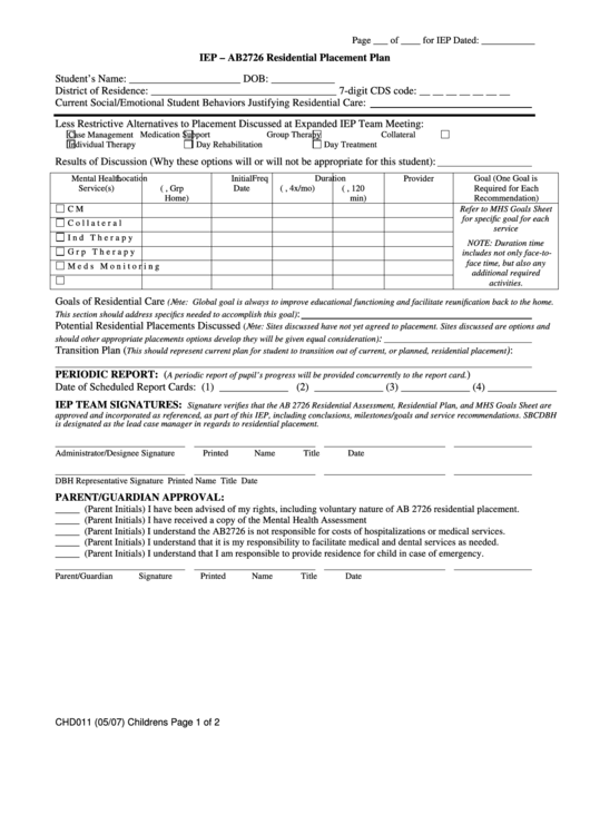 Fillable Form Iep -Ab2726, Chd011 - Residential Placement Plan, Mental Health Services Goals Sheet Printable pdf