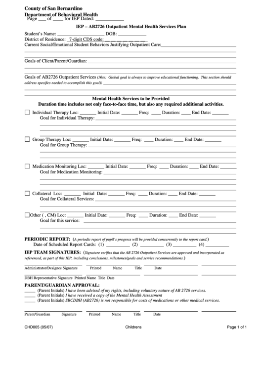 Fillable Form Iep-Ab 2726, Chd005 Outpatient Service Plan - Department Of Behavioral Health, County Of San Bernardino Printable pdf