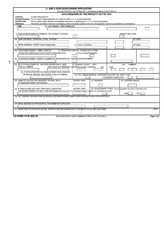 Form 173-R - U.s. Army Rotc Green To Gold 4-, 3-, And 2-Year Scholarship Application Printable pdf