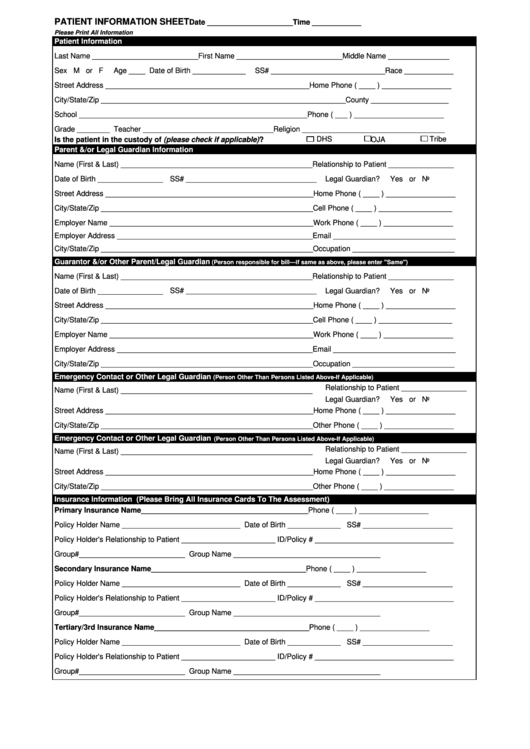 Patient Information Form Printable pdf