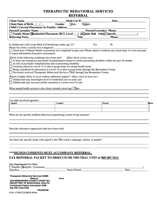 Fillable Therapeutic Behavioral Services Referral Form - Department Of Behavioral Health Printable pdf
