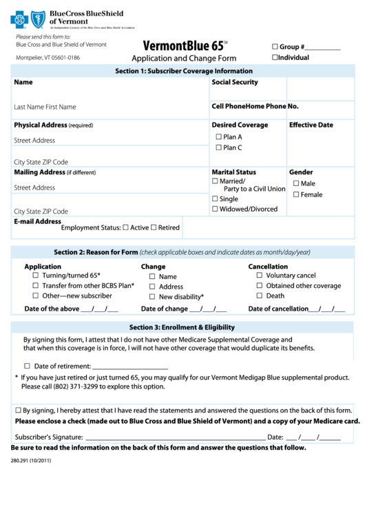 Form 280.291 - Bcbs Vermontblue 65 Application And Change Form Printable pdf