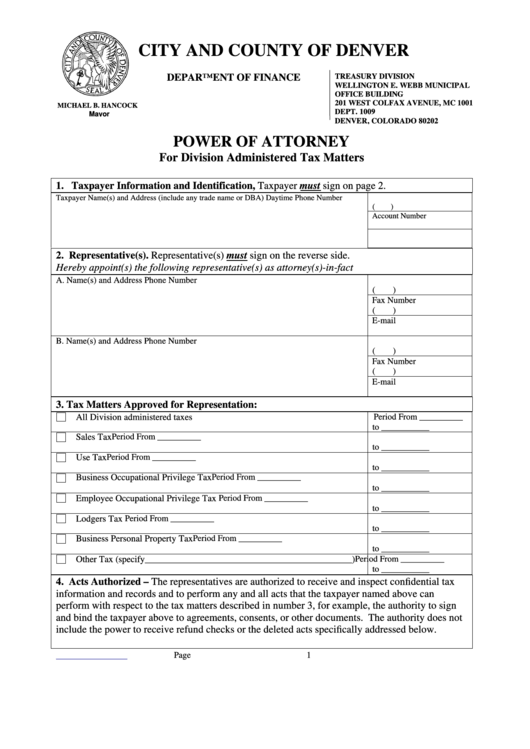 Fillable Power Of Attorney For Division Administered Tax Matters Form Printable pdf