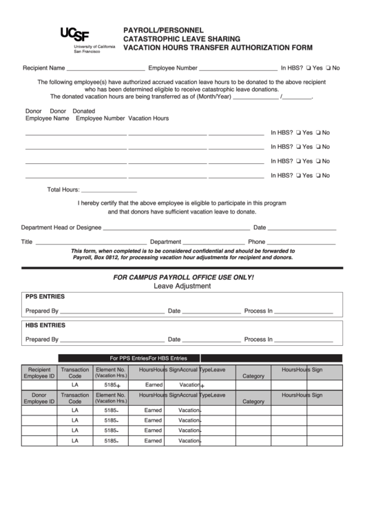 Payroll/personnel Catastrophic Leave Sharing Vacation Hours Transfer Authorization Form Printable pdf