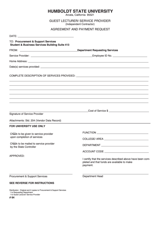 Fillable Agreement And Payment Request Form Printable pdf