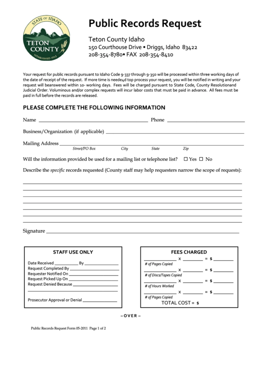 Public Records Request Form - Teton County Idaho Printable pdf