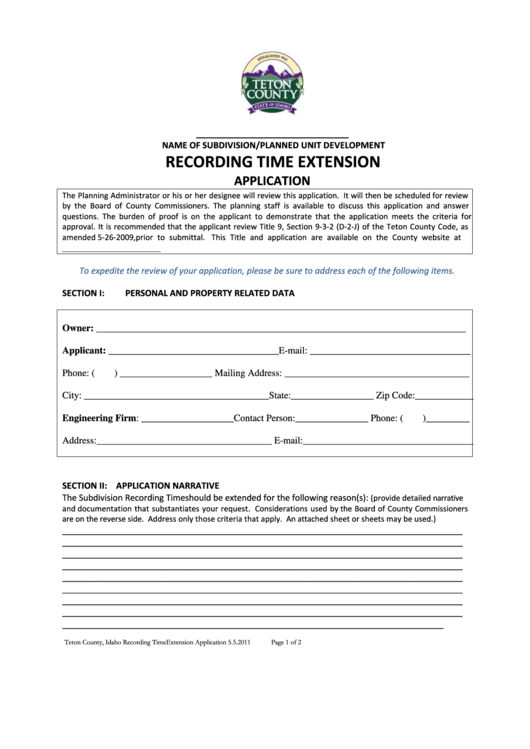 Recording Time Extension Application Form - Teton County, Idaho Printable pdf