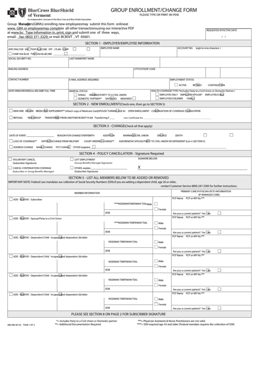 Fillable Group Enrollment/change Form Printable pdf