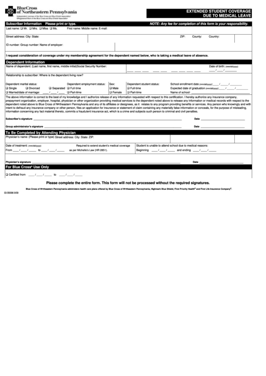 Form 03-B0096 - Extended Student Coverage Due To Medical Leave - Bluecross Blueshield Of Northeastern Pennsylvania Printable pdf