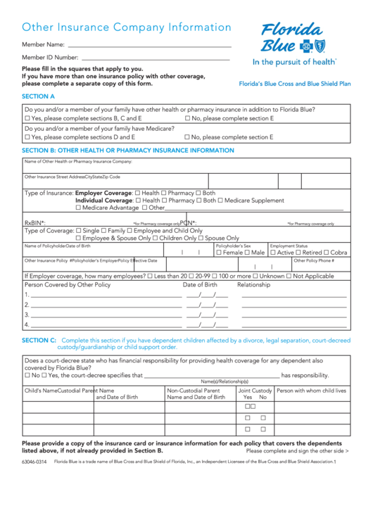 Fillable Form 63046-0314 - Other Insurance Company Information - Florida Blue Printable pdf