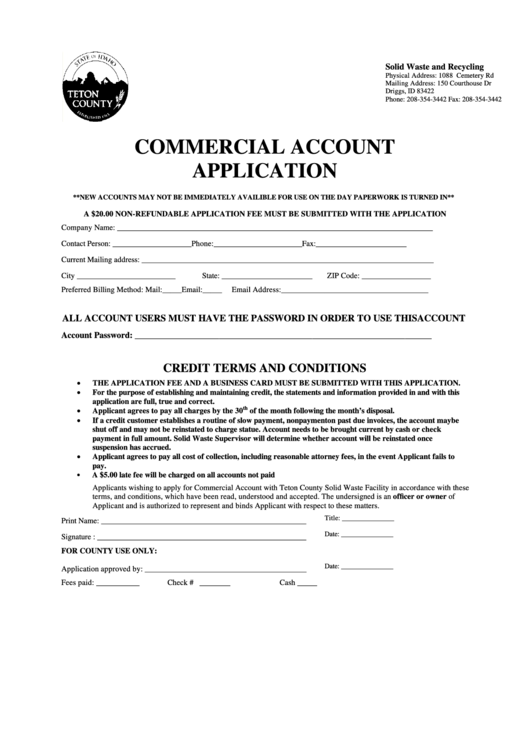 Commercial Account Application Form - Solid Waste And Recycling - Teton County Printable pdf