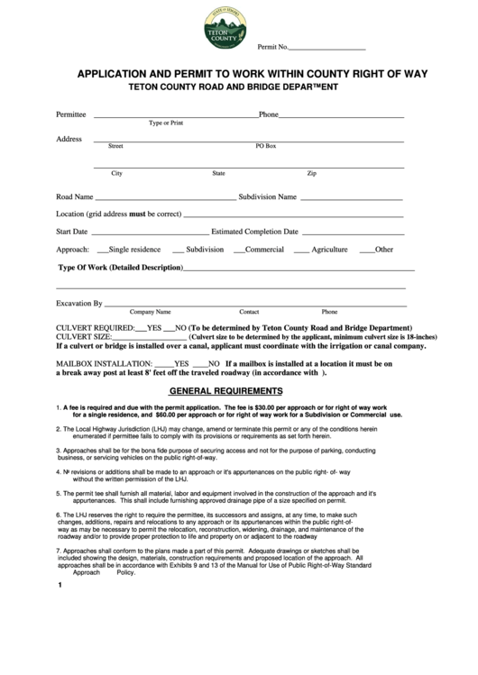 Application And Permit To Work Within County Right Of Way Form - Teton County Road And Bridge Department Printable pdf