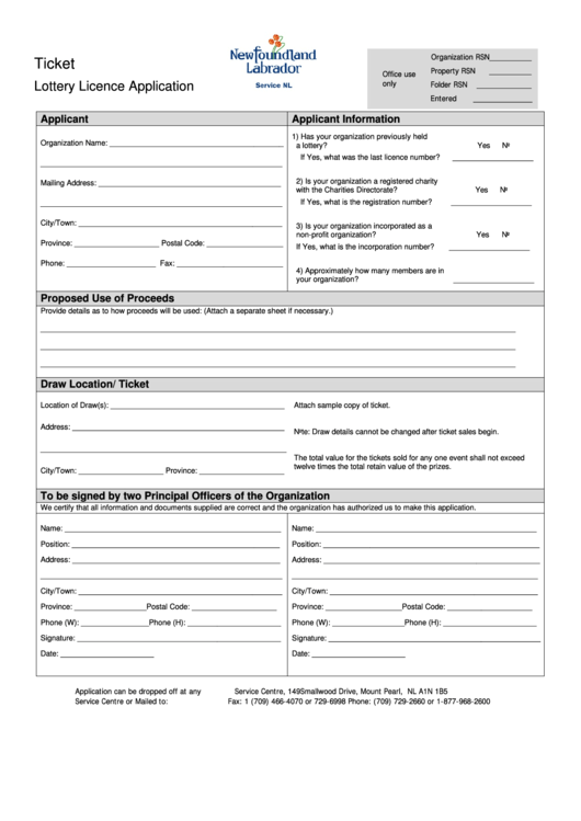 Ticket Lottery Licence Application Printable pdf