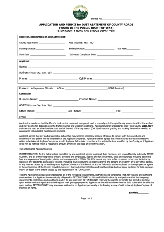 Application And Permit For Dust Abatement Of County Roads Form - Teton County Road And Bridge Department Printable pdf