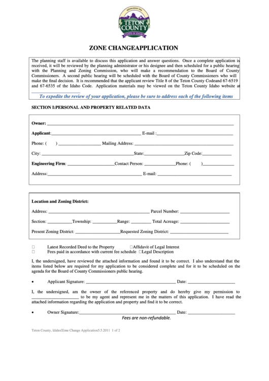 Zone Change Application Form - Teton County Printable pdf
