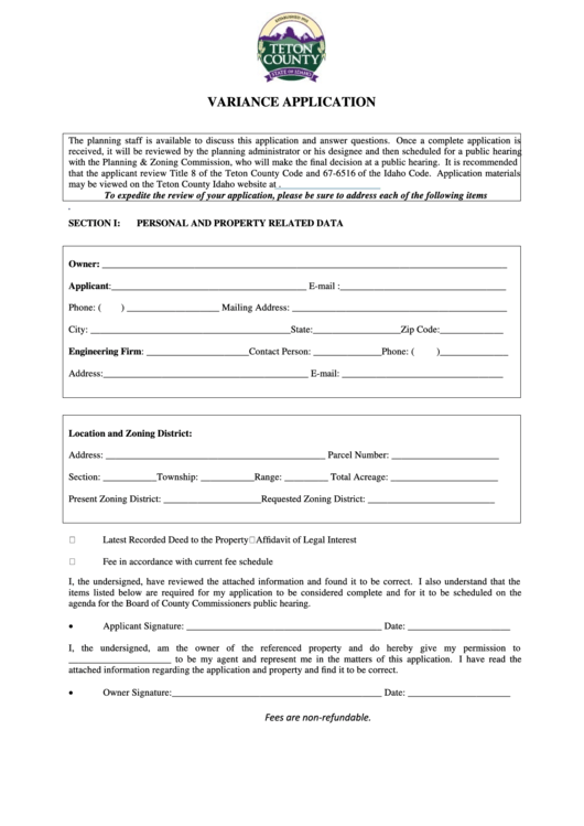 Variance Application Form - Teton County Printable pdf