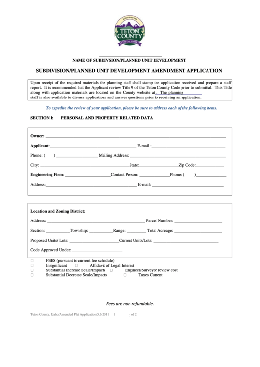 Subdivision / Pud Amendment Application Form - Teton County Printable pdf