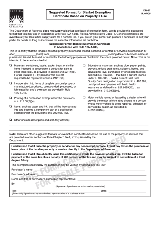 Form Dr-97 - Suggested Format For Blanket Exemption Certificate Based On Property
