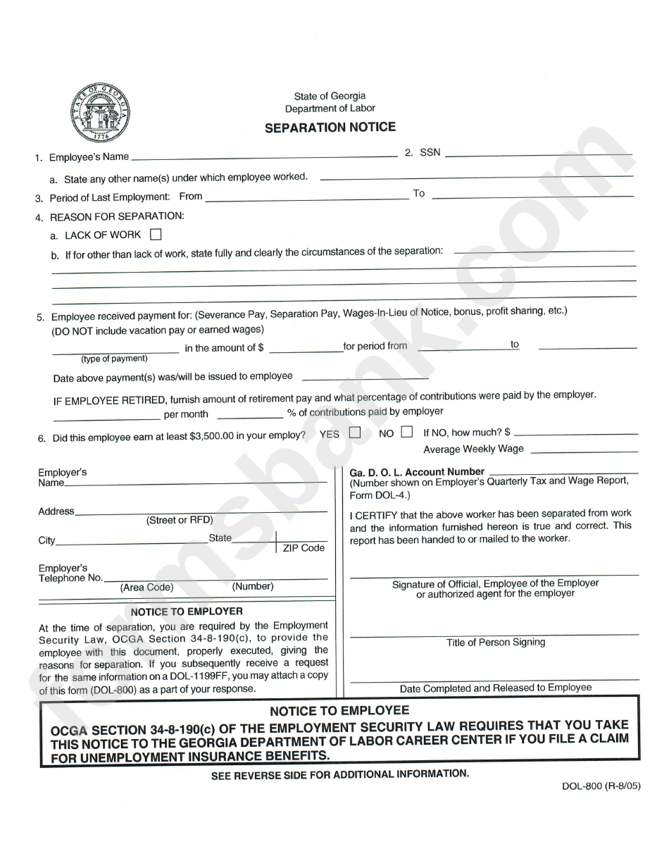 Separation Notice Template - State Of Georgia Department Of Labor