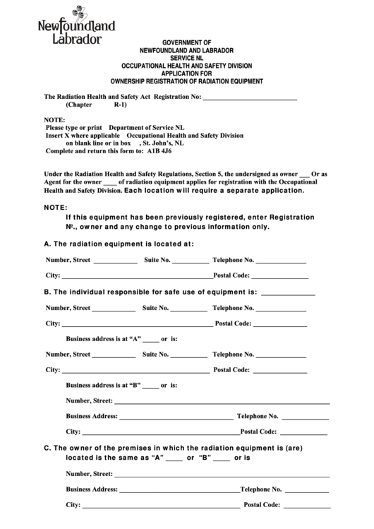 Ownership Registration Of Radiation Equipment Form Printable pdf