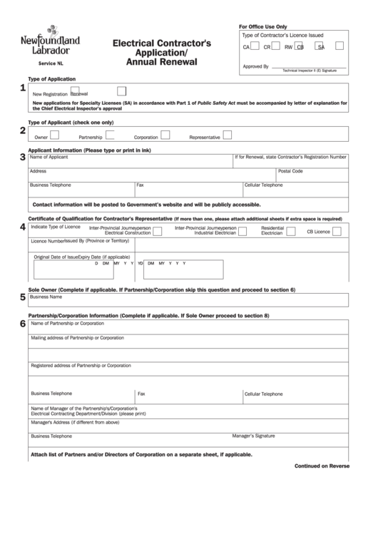 Fillable Electrical Application/renewal Form Printable pdf